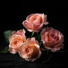 Fototapeta premium Elegant roses on black background. Beautiful bouquet of roses. Close-up of a beautiful bouquet of fresh flowers with buds blooming. Roses in a vase.