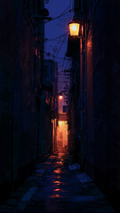 A mysterious alleyway bathed in the soft glow of streetlights, with shadows lurking in the...