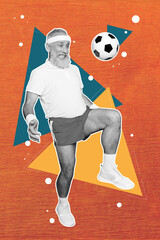Vertical creative collage picture senior retired pensioner kicking football game player competition...