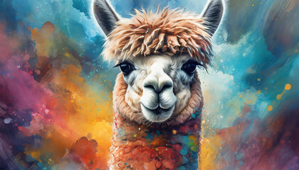A colorful llama is the main subject of the painting - obrazy, fototapety, plakaty