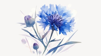 A stunning blue cornflower stands out against a white backdrop in this charming cartoon illustration of Centaurea cyanus