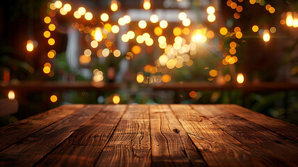 image of wooden table in front of abstract blurred background of resturant lights\n