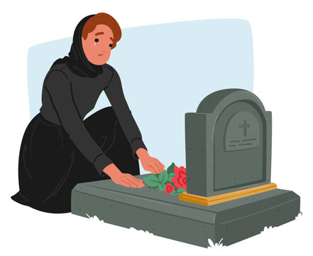 Female Character Grieving on Cemetery. Woman Kneels, Tears Streaming, Before The Weathered Gravestone