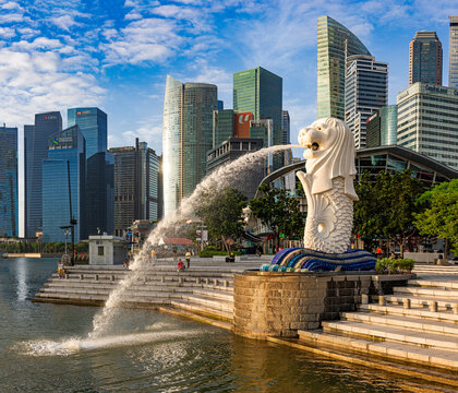 Singapore, February 03, 2024: Merlion statue fountain at Merlion Park in Marina Bay of Singapore. Merlion is the national symbol of Singapore depicted as a mythical creature with a lion head.
