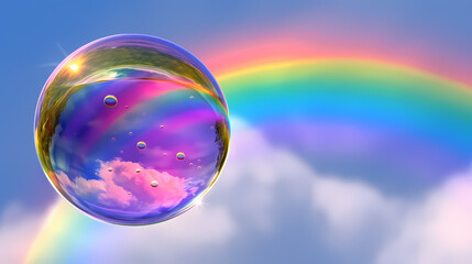Vibrant Soap Bubble Floating Against a Rainbow and Cloudy Sky - obrazy, fototapety, plakaty