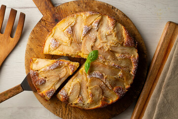 Sponge cake with pear and yogurt. Delicious traditional Italian recipe.