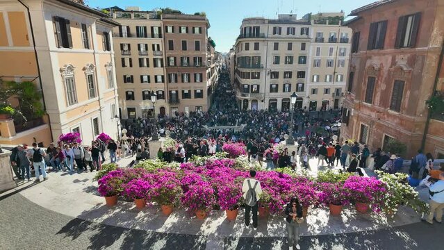 Piazza di Spagna in Rome Italy is a magnificent square Baroque style. It's home to the Spanish Steps connecting the square to the Church of Trinit&agrave; dei Monti. The Fontana della Barcaccia like a boat