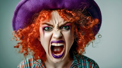 Vibrant Woman in Purple Hat Expressing Intense Emotion. Vivid Red Curly Hair with Striking Contrast. Perfect for Bold Marketing and Eye-Catching Content. AI