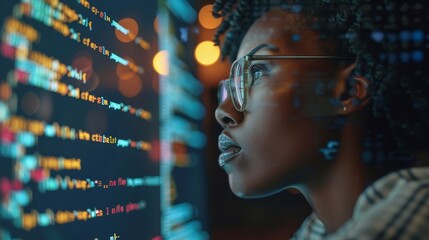 african american female programmer analyzing code on screen focused software developer digital illustration - obrazy, fototapety, plakaty