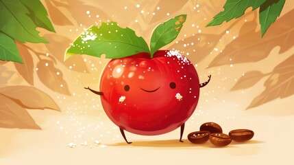 2d illustration of a coffee cherry character embodying the essence of an aromatic americano or cappuccino ingredient featured as a whimsical hero in a comic setting alongside an espresso be