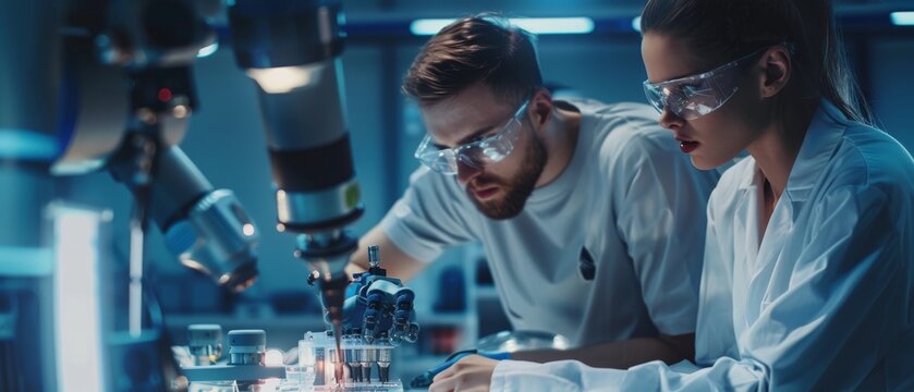 The product supervisor consults with the young engineer who is working on the optimization of the robot arm. People are working on robotic hand maintenance ideas. High-tech engineering concept.