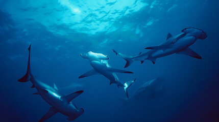 Group of hammerhead sharks swimming in the deep blue ocean