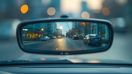 look in the rear view mirror of a car