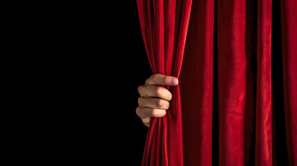 Human hand unveiling red velvet theater curtain for a dramatic reveal. Perfect for announcements, reveals or presentations. Close-up, dark background. AI - obrazy, fototapety, plakaty