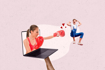 Sketch image composite trend artwork photo collage of strong woman appear from laptop fight fist man in love send heart love couple date