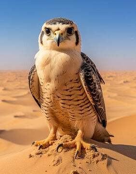 Lanner Falcon, reallife animals, sand desert сreated with Generative Ai