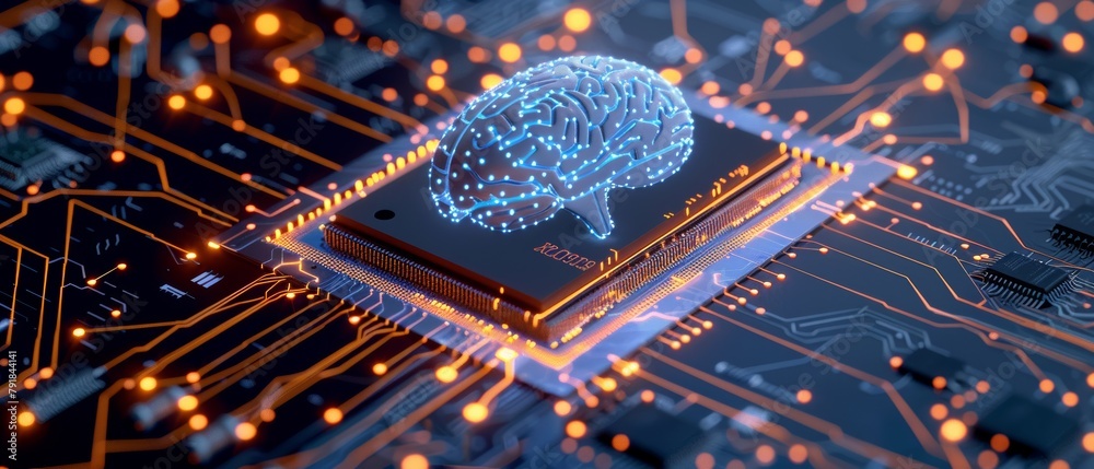 Poster circuit board cpu processor microchip artificial intelligence visualization of neural networks. digi