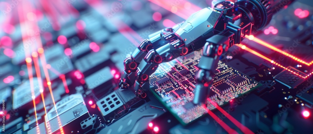 Poster the image of a futuristic animation concept shows high-tech robotic arm holding a contemporary super
