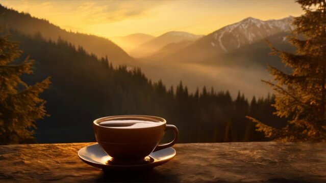 Cup of hot black coffee on wooden table with mist and mountain view