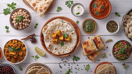 Indian cuisine dishes tikka masala, dahl, paneer, samosa, chapati, chutney, spices, Indian food on white wooden background, Assortment indian pakistani meal top view or flat lay