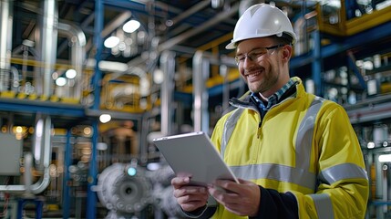 Smiling Engineer Using Tablet in Industrial Facility Generative AI image 