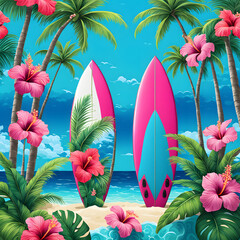surfboard adorned with clipart tropical designs hibiscus flowers interspersed with palm trees