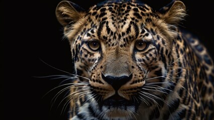 Fototapeta premium Close-up of a leopard’s mouth set against a black background. A stunning 4K wallpaper capturing the raw intensity and intricate details of this majestic creature