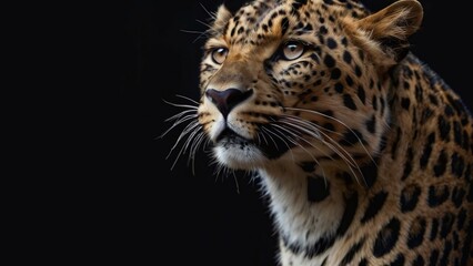 Obraz premium Close-up of a leopard’s mouth set against a black background. A stunning 4K wallpaper capturing the raw intensity and intricate details of this majestic creature