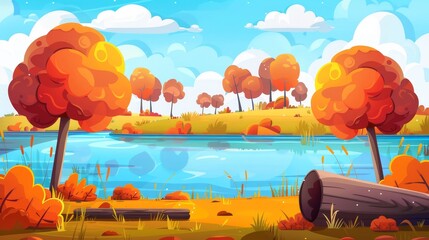 A nature autumn scene with lake in a modern cartoon illustration. Orange trees, grasses, bushes, ponds, and a wooden log in the water. Fields, river coast, and clouds in the sky.