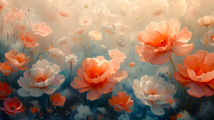 Dreamscape Symphony: Ethereal Blossoms and Ghostly Wings Dance in Surrendered Serenity - obrazy, fototapety, plakaty