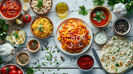 Indian cuisine dishes tikka masala, dahl, paneer, samosa, chapati, chutney, spices, Indian food on...
