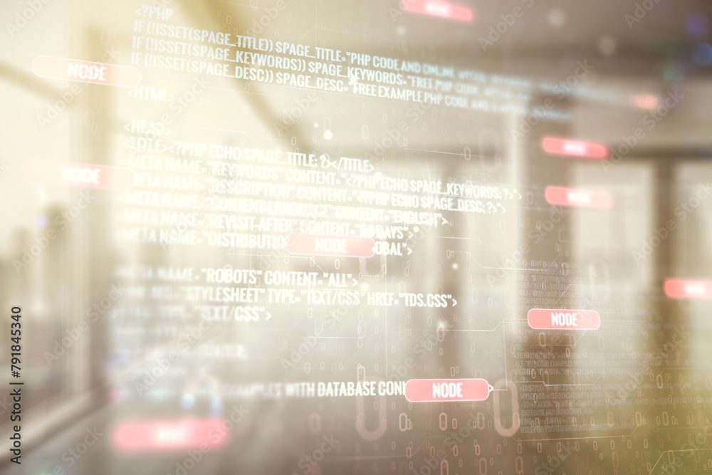 Poster Multi exposure of abstract programming language hologram on abstract empty interior background, artificial intelligence and machine learning concept