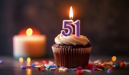 Birthday cupcake with burning lit candle with number 51. Number fiftyone for fifty years or...