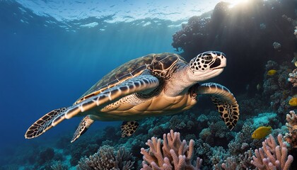 A critically endangered hawksbill sea turtle (Eretmochelys imbricata) glides over a reef off the island of Yap; Pacific Ocean, Yap, Micronesia, 4k design - obrazy, fototapety, plakaty