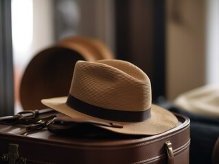 hat on a brown suitcase, close-up. the concept of tourism and travel. Going on vacation