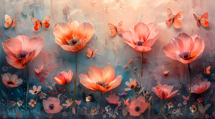 Whispers of Infinity: Ethereal Butterflies and Floating Flowers Merge in Surrender``` - obrazy, fototapety, plakaty