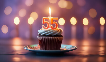 Birthday cupcake with burning lit candle with number 55. Number fiftyfive for fifty years or...