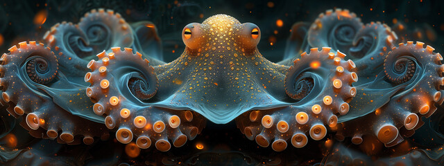 Fractal emissary of the depths: an ethereal octopus emerges from a kaleidoscope of fractal patterns, its mesmerizing form hinting at the enigmatic secrets of the underwater realm - obrazy, fototapety, plakaty