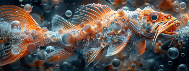 Fractal frenzy of the vicious fish: a ferocious creature emerges from a chaotic maelstrom of fractal patterns, its sharp teeth and menacing gaze striking fear in the hearts of onlookers.