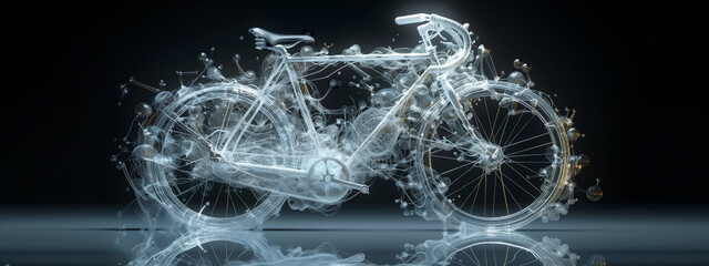 Fractal journey on wheels: a futuristic glowing bike materializes from a black background of fractal patterns, ready to embark on a thrilling ride through an abstract world.