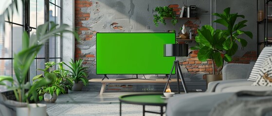 Apartment Interior with TV Set with Green Screen Mock Up Display Standing on TV Stand. Empty Cozy Living Room of Spacious Flat with Chromatic Key Placeholder.