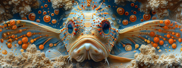 Fractal grotesque: an ugly fish emerges from a twisted tapestry of fractal patterns, defying conventional beauty with its peculiar and unsettling appearance