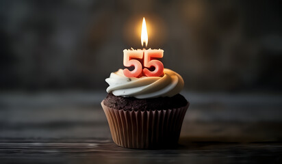 Birthday cupcake with burning lit candle with number 55. Number fiftyfive for fifty years or...