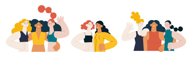 Groups of beautiful young smiling women embracing each other. Different skin tone females in sport clothes standing opposite each other holding arm on their waist, waving hello. Vector illustration.