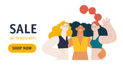 Web banner sale template concept. Group of smiling women embracing each other. Different skin tone females in sport clothes standing opposite each other holding arm on their waist, waving hello. 