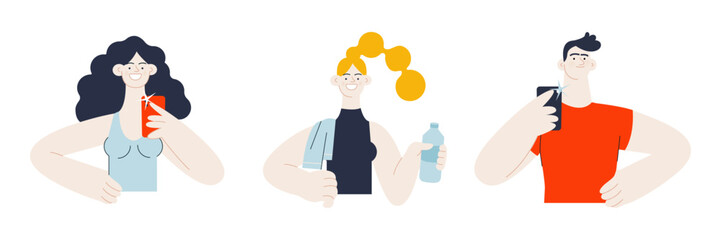 Group of sport people. White skin tone women, man in sport clothes with towel on woman's shoulder hold plastic water bottle, man and woman hold smartphone with camera flash. Vector flat illustration.