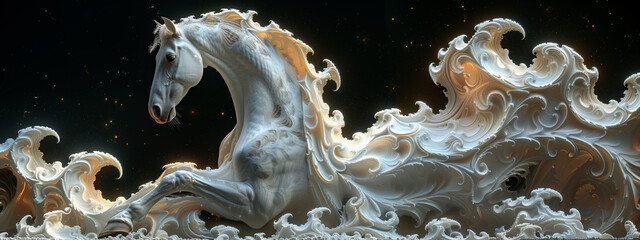 White horse in motion emerges from the intricate depths of  fractal patterns, embodying grace and power in a mesmerizing fusion. Black background,