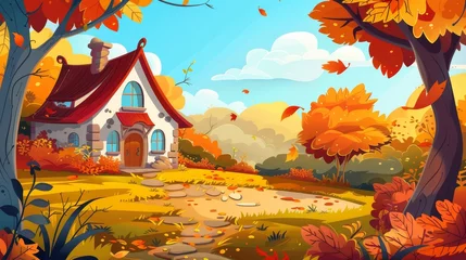 Fototapeten Autumn landscape with forest and village house. Vintage modern illustration of a countryside cottage, garden with bushes and trees with orange foliage in fall. © Mark