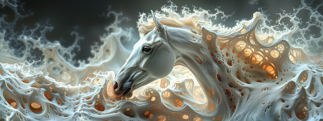 White horse in motion emerges from the intricate depths of  fractal patterns, embodying grace and power in a mesmerizing fusion.