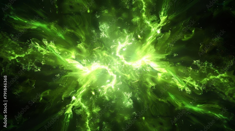 Wall mural explosive celestial burst of vibrant green light rays on black background abstract supernova digital